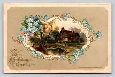 c1915 Lovely Country Home by Pond Framed with Blue Flowers ANTIQUE Postcard 1043 picture