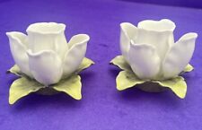 Vintage MCM SHAFFORD BONE CHINA Set of White Flower CANDLESTICK Holders SALE picture