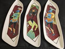 Vtg. MCM knights/woman hand painted ceramic wall plaques trio. picture