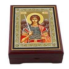 Rosary Box St Saint Michael Icon Wooden 5 Inch, Religious Gift for Man, Woman picture