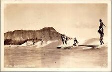 1930s WAIKIKI HAWAII SURF RIDING SURFBOARD RARE REAL PHOTO RPPC POSTCARD 38-49 picture