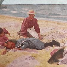 Antique 1892 Mother And Children In Beach Wear Stereoview Photo Card P1241 picture