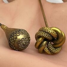Antique Gold Tone Hatpins 4” & 4.25” Lovers Knot & Crowned Teardrop Collectible picture