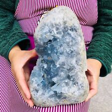 12.49LB natural blue celestite geode quartz crystal mineral specimen healing picture
