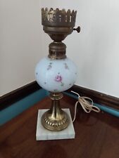 Vintage MCM Blue Floral Painted Glass Table Desk Parlor Lamp Marble Base Shade  picture