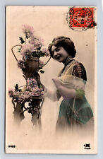 c1911 RPPC Beautiful French Woman Chrysanthemum Flowers Hand Colored Postcard picture