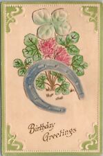 Vintage 1908 BIRTHDAY GREETINGS Embossed Postcard w/ Cloth Clover & Horseshoe picture