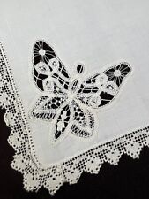 Antique Square Linen Dresser Scarf Doily w/ Lace Butterflies & Embroidery YY496 picture