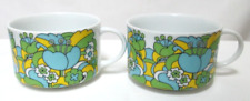 Vintage Groovy coffee soup Mug Cup floral yellow blue white Ceramic Set 2 picture