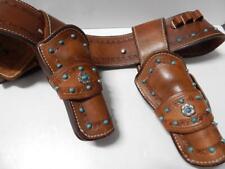 VINTAGE MAD DOG LEATHER + TURQUOISE WESTERN COWBOY DOUBLE GUN HOLSTER BELT picture