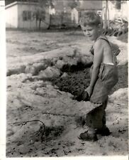 LG35 1948 Original Photo LITTLE BOY SHOVELING HAIL ICE AFTER JUNE STORM IN BYRON picture