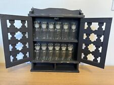Vintage black Wooden Wall Hanging Spice Cabinet W/12 Glass Apothecary Spice Jars picture