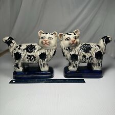 Vintage Staffordshire Cat Figurine Pair Of White & Black, On Blue Pillow picture