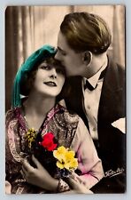 c1927 RPPC Couple in Love Beautiful Color Tinted Studio Photo Postcard picture