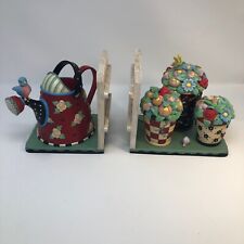 Mary Engelbreit 2000 Handcrafted Bookends Garden Party Water Can/Flower Pots picture