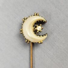 Vintage Faux Pearl Half Moon Long Stick or Hat Pin 5 inch Gold Tone picture