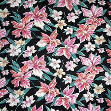 Vtg Floral Fabric Hawaiian Print Large Flower Black Lightweight Cotton 104