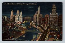 Chicago IL-Illinois Wacker Drive Chicago River Night  Vintage Souvenir Postcard picture