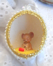 Handmade Vintage Ornament -REAL EGG DIORAMA w/CUTE MOUSE & TRIM picture
