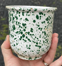 Vintage 20th C. Green White Spatterware Spongeware Crock Redware Pottery Planter picture