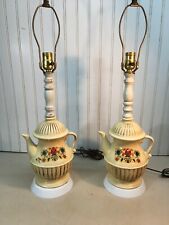Vintage Pair Mid Century Modern Ceramic Table Lamps Tea Pot Dutch Flower 25in picture