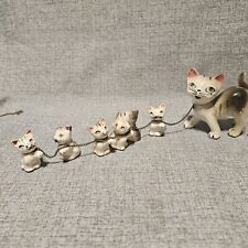 Vintage Ceramic Mama Cat With Kittens Chained Figurines Hand Painted Made Japan picture