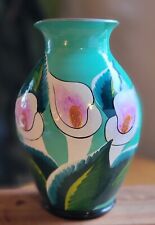 Authentic Mexican Clay Pottery Vase Colorful Floral Teal Hand Painted 10.5