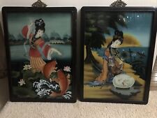 Two Vintage Hand Painted Glass Wood Framed Chinese Geisha Girls picture