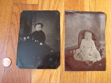 Lot 2 antique children TINTYPE vintage photo infant baby baptism gown dress hat picture