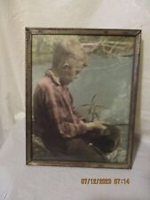 VTG 1940s, 50s Hand Tinted  Photograph Country Boy Fishing at Pond/Lake Framed picture