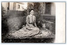 c1920's Candid Woman Picnic Flowers Dress Glasses Rug  RPPC Photo Postcard picture