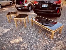Art Deco Revival  Milo Baughman style brass coffee Side table Set Smoked Glass picture