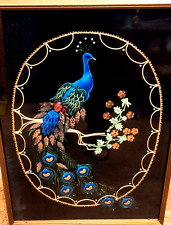 Vintage Embroidered Peacock Mounted on Black Velvet Wall Art picture