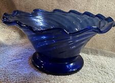 Vintage Cobalt Blue Hand Blown Glass Swirl Ruffle Edge Bowl picture