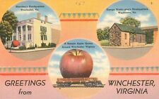 1957 Vintage Postcard GREETINGS FROM WINCHESTER, VIRGINIA Sheridan,Apple,Washint picture