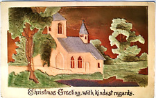 Postcard Christmas Greetings Applique Fabric Embossed Church Gold Landscape 1908 picture
