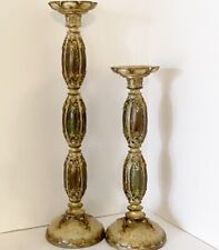 Vtg Weathered Decor Cast Resin Gold Glazed Pillar Candle Holders 2 Pcs 17-21”H picture