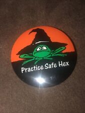 Vintage AGC Happy Halloween Practice Safe Hex Orange Black Button Pin 1.5