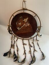 Vintage Dream Catcher Cougar Pyrography Leather 14” W/Beads & Feathers Handmade picture