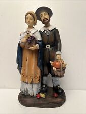 Large Colorful Pilgrim Couple Statue Basket Full Of Fruits & Vegetables 14” Tall picture