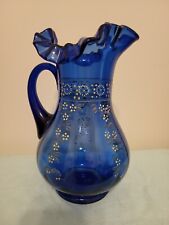 Vintage Victorian Cobalt Enamel Hand Painted Gold Flower Ruffled Top Pitcher picture