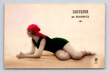 Souvenir de Biarritz Curvy French Woman in Bathing Suit Hand Colored Postcard picture