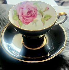 AYNSLEY BLACK TEA CUP AND SAUCER CABBAGE PINK ROSE CORSET C957 GOLD ENGLAND picture