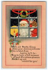 1927 Christmas Santa Claus On Window With Sack Of Toys Berries Vintage Postcard picture