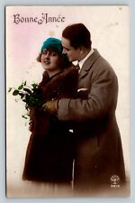 c1927 Happy New Year Classic Lovebirds Hand Color Tinted VINTAGE Postcard picture