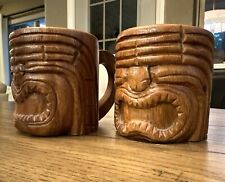 Vintage Set 2 Wooden Tiki Mug Hand Carved Wood Hawaiian  Kitsch Hawaii Retro picture