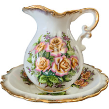 Tilso Heritage Pink Roses Green Background Gold Trim 20 Oz Pitcher and Bowl Set picture