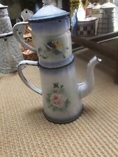 Vintage French Enamelware RARE cafetiere with FLOWERS, 2 HANDLES. picture