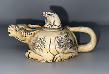 Vintage Carved Natural Stone Water Buffalo One Cup Tea Pot w carved Asian scenes picture