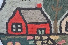 early hooked chair pad house tree scene hand cut wool 14 in folk art original  picture